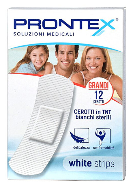 CEROTTO PRONTEX WHITE STRIPS IN TESSUTO NON TESSUTO BIANCO STERILE SCATOLA 12 CEROTTI GRANDI - Metafarm