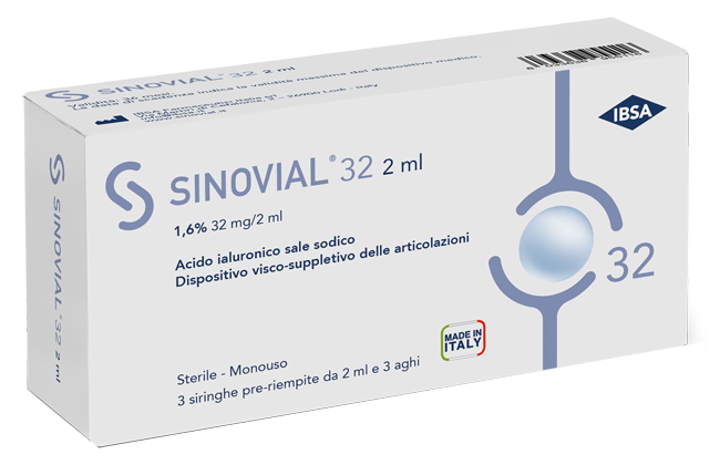 SIRINGA INTRA-ARTICOLARE SINOVIAL 32 ACIDO IALURONICO SALE SODICO 1,6% 32MG/2ML 3 SIRINGHE X 2ML + 3 AGHI - Metafarm