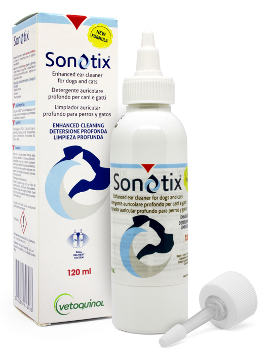 SONOTIX DETERGENTE AURICOLARE PROFONDO CANI E GATTI 120 ML + CANNULA CORTA RIGIDA + CANNULA LUNGA FLESSIBILE - Metafarm
