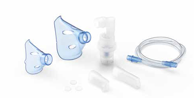 SOFFIO CUBE KIT ACCESSORI RICAMBIO CON AMPOLLA, BOCCAGLIO E FOCELLA NASALE, MASCHERA PEDIATRICA E ADULTI, TUBELLO E FILTRI DI RICAMBIO E BORSA PORTA ACCESSORI - Metafarm