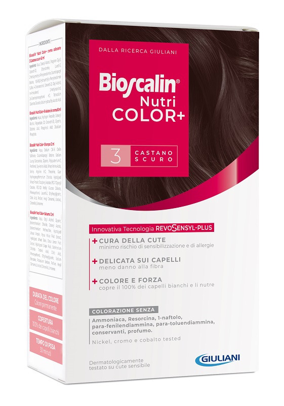 BIOSCALIN NUTRICOLOR PLUS 3 CASTANO SCURO CREMA COLORANTE 40 ML + RIVELATORE CREMA 60 ML + SHAMPOO 12 ML + TRATTAMENTO FINALE BALSAMO 12 ML - Metafarm