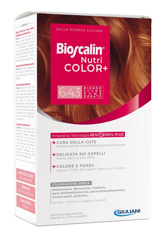 BIOSCALIN NUTRICOLOR PLUS 6,43 BIONDO SCURO RAME DORATO CREMA COLORANTE 40 ML + RIVELATORE CREMA 60 ML + SHAMPOO 12 ML + TRATTAMENTO FINALE BALSAMO 12 ML - Metafarm