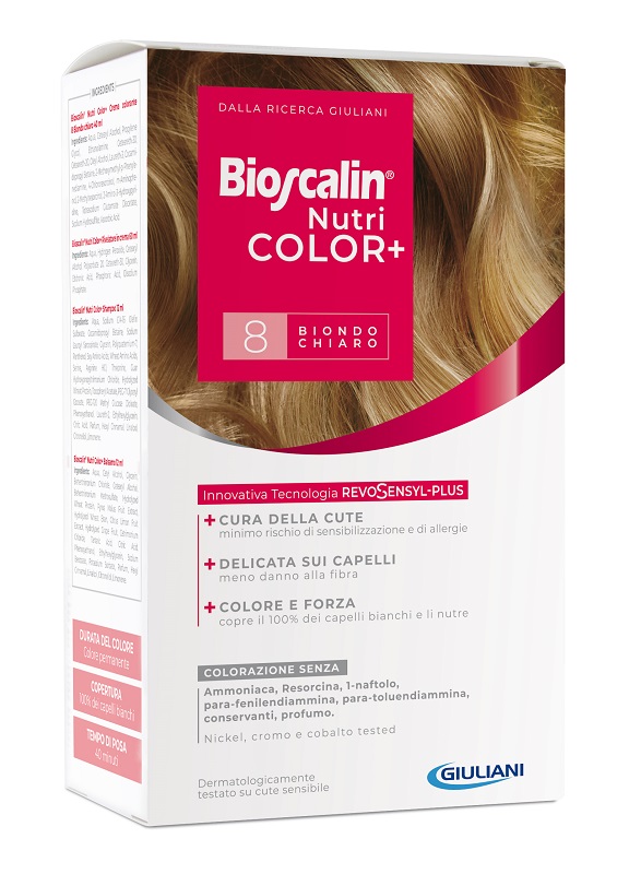 BIOSCALIN NUTRICOLOR PLUS 8 BIONDO CHIARO CREMA COLORANTE 40 ML + RIVELATORE CREMA 60 ML + SHAMPOO 12 ML + TRATTAMENTO FINALE BALSAMO 12 ML - Metafarm