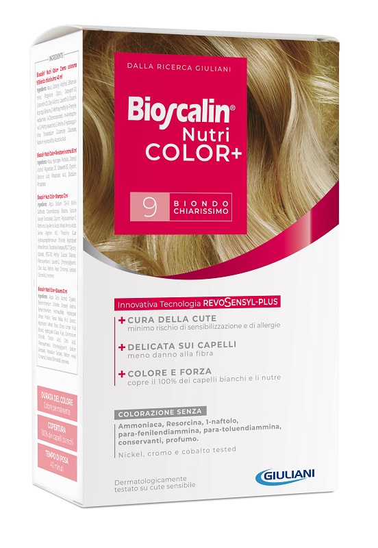 BIOSCALIN NUTRICOLOR PLUS 9 BIONDO CHIARISSIMO CREMA COLORANTE 40 ML + RIVELATORE CREMA 60 ML + SHAMPOO 12 ML + TRATTAMENTO FINALE BALSAMO 12 ML - Metafarm