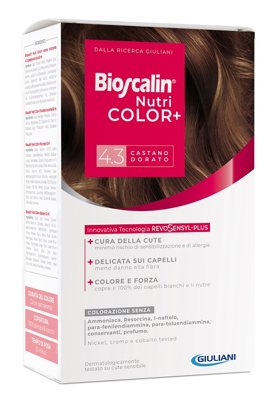 BIOSCALIN NUTRICOLOR PLUS 4,3 CASTANO DORATO CREMA COLORANTE 40 ML + RIVELATORE CREMA 60 ML + SHAMPOO 12 ML + TRATTAMENTO FINALE BALSAMO 12 ML - Metafarm