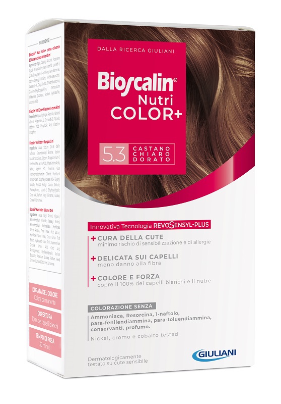 BIOSCALIN NUTRICOLOR PLUS 5,3 CASTANO CHIARO DORATO CREMA COLORANTE 40 ML + RIVELATORE CREMA 60 ML + SHAMPOO 12 ML + TRATTAMENTO FINALE BALSAMO 12 ML - Metafarm