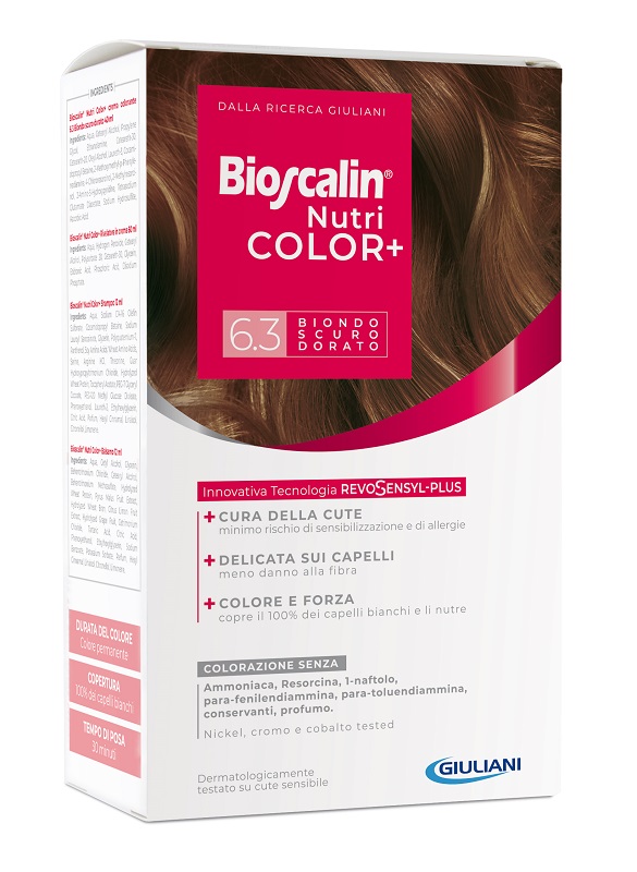 BIOSCALIN NUTRICOLOR PLUS 6,3 BIONDO SCURO DORATO CREMA COLORANTE 40 ML + RIVELATORE CREMA 60 ML + SHAMPOO 12 ML + TRATTAMENTO FINALE BALSAMO 12 ML - Metafarm