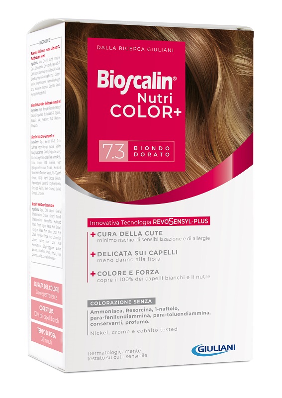 BIOSCALIN NUTRICOLOR PLUS 7,3 BIONDO DORATO CREMA COLORANTE 40 ML + RIVELATORE CREMA 60 ML + SHAMPOO 12 ML + TRATTAMENTO FINALE BALSAMO 12 ML - Metafarm
