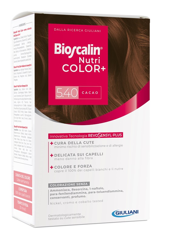 BIOSCALIN NUTRICOLOR PLUS 5,40 CACAO CREMA COLORANTE 40 ML + RIVELATORE CREMA 60 ML + SHAMPOO 12 ML + TRATTAMENTO FINALE BALSAMO 12 ML - Metafarm