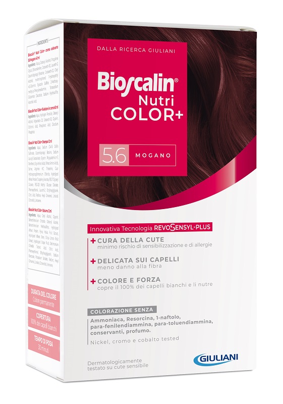 BIOSCALIN NUTRICOLOR PLUS 5,6 MOGANO CREMA COLORANTE 40 ML + RIVELATORE CREMA 60 ML + SHAMPOO 12 ML + TRATTAMENTO FINALE BALSAMO 12 ML - Metafarm