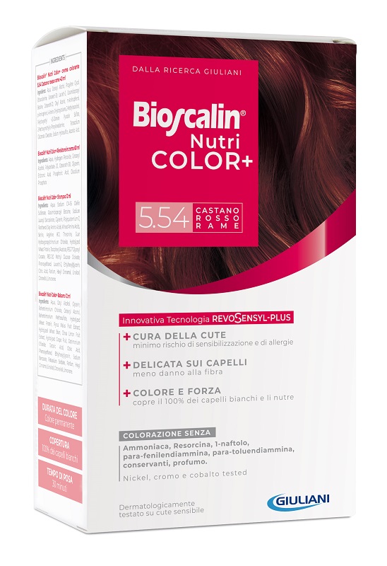BIOSCALIN NUTRICOLOR PLUS 5,54 CASTANO ROSSO RAME CREMA COLORANTE 40 ML + RIVELATORE CREMA 60 ML + SHAMPOO 12 ML + TRATTAMENTO FINALE BALSAMO 12 ML - Metafarm