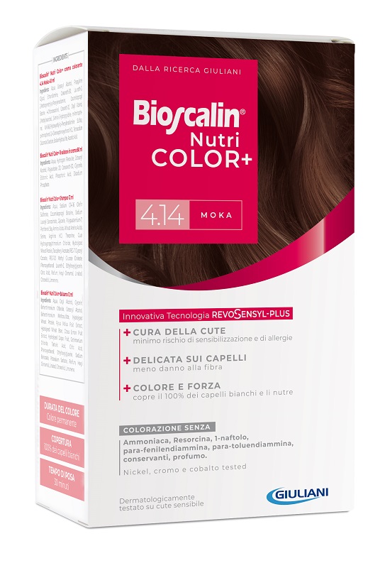 BIOSCALIN NUTRICOLOR PLUS 4,14 MOKA CREMA COLORANTE 40 ML + RIVELATORE CREMA 60 ML + SHAMPOO 12 ML + TRATTAMENTO FINALE BALSAMO 12 ML - Metafarm