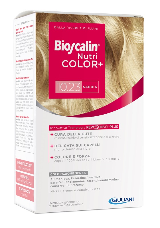 BIOSCALIN NUTRICOLOR PLUS 10,23 SABBIA CREMA COLORANTE 40 ML + RIVELATORE CREMA 60 ML + SHAMPOO 12 ML + TRATTAMENTO FINALE BALSAMO 12 ML - Metafarm
