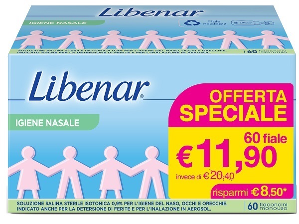 SOLUZIONE SALINA ISOTONICA 0,9% LIBENAR PER IGIENE NASALE 60 FLACONCINI MONOUSO X 5 ML - Metafarm